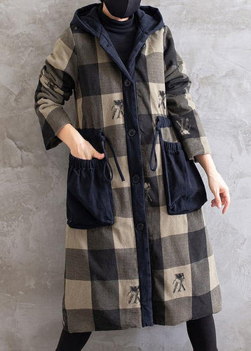 Drune | Grauer karierter Übermantel mit Kapuze und Kordelzugmäntel
