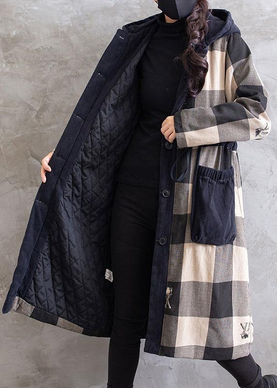 Drune | Grauer karierter Übermantel mit Kapuze und Kordelzugmäntel