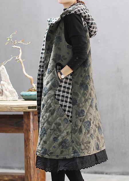 Drune | Grüner Druck Wintermäntel Lässige Kapuzenlose Outwear
