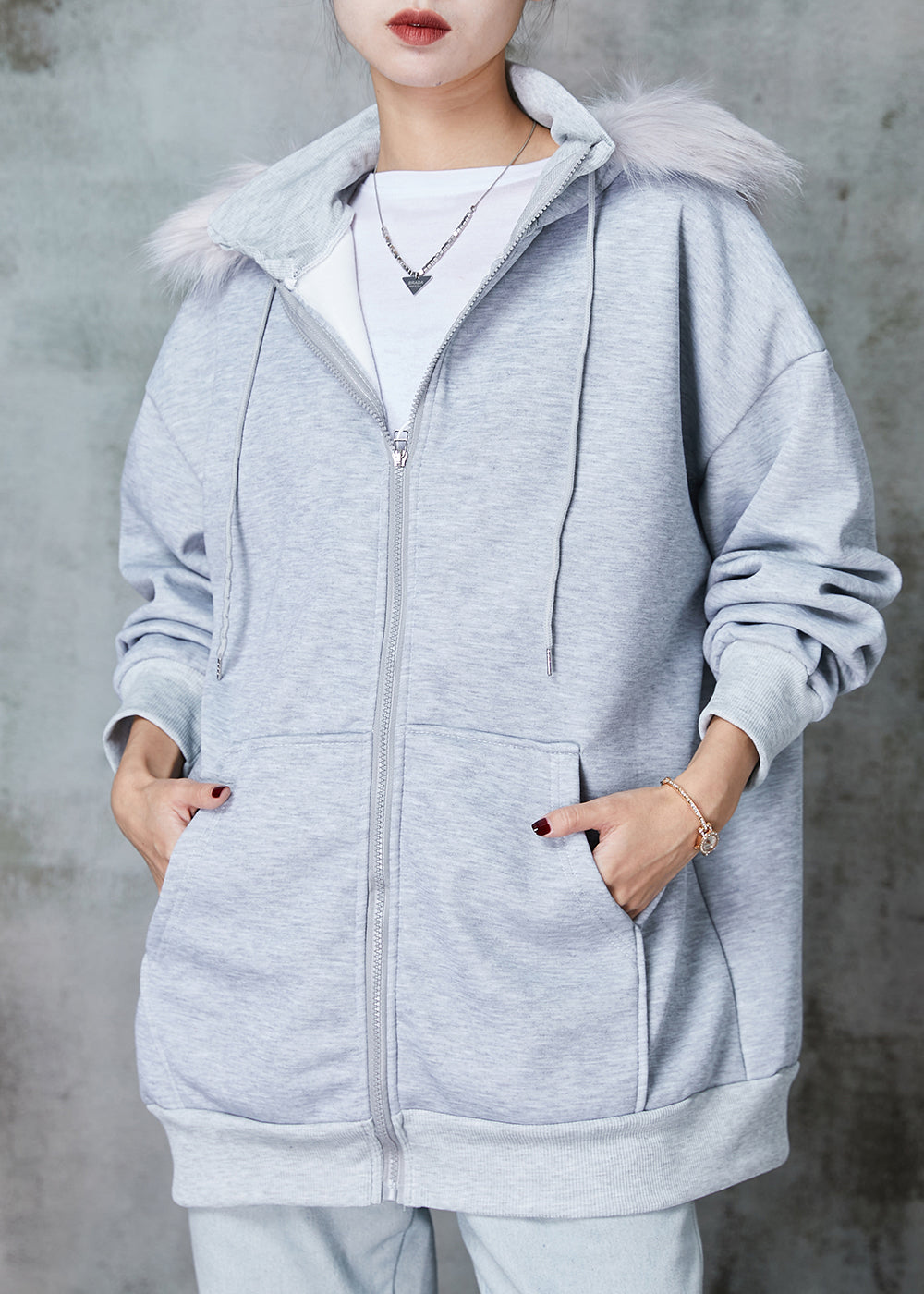 Drune | Graue Kapuze Taschen Warme Fleece Sweatshirt Mäntel