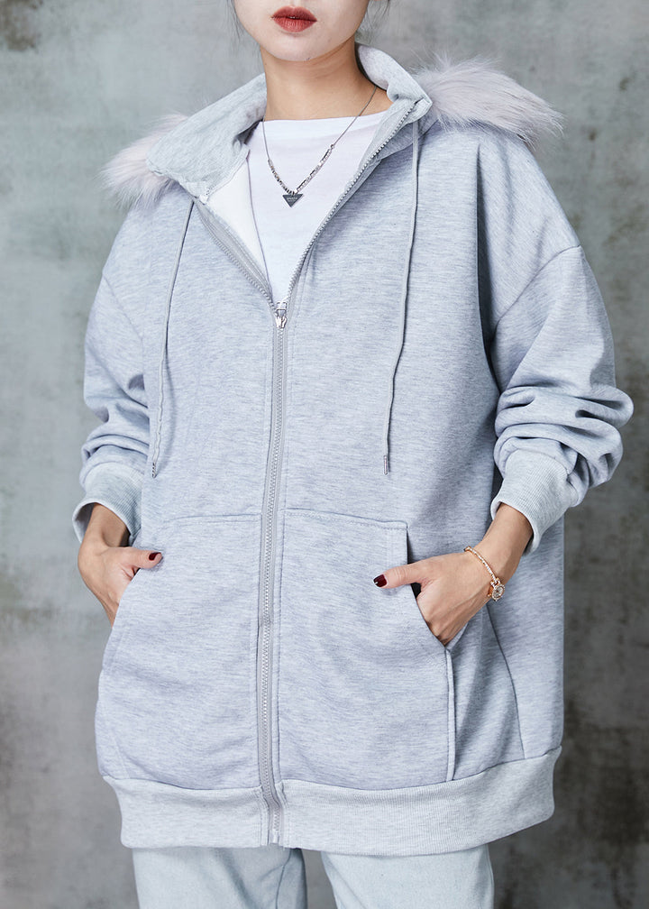 Drune | Graue Kapuze Taschen Warme Fleece Sweatshirt Mäntel