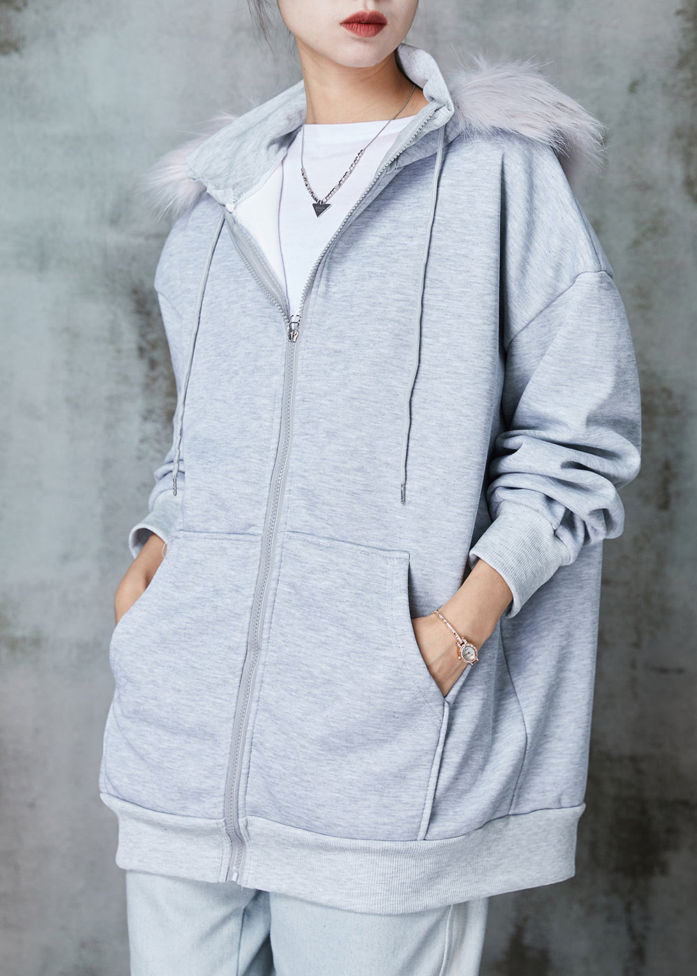 Drune | Graue Kapuze Taschen Warme Fleece Sweatshirt Mäntel