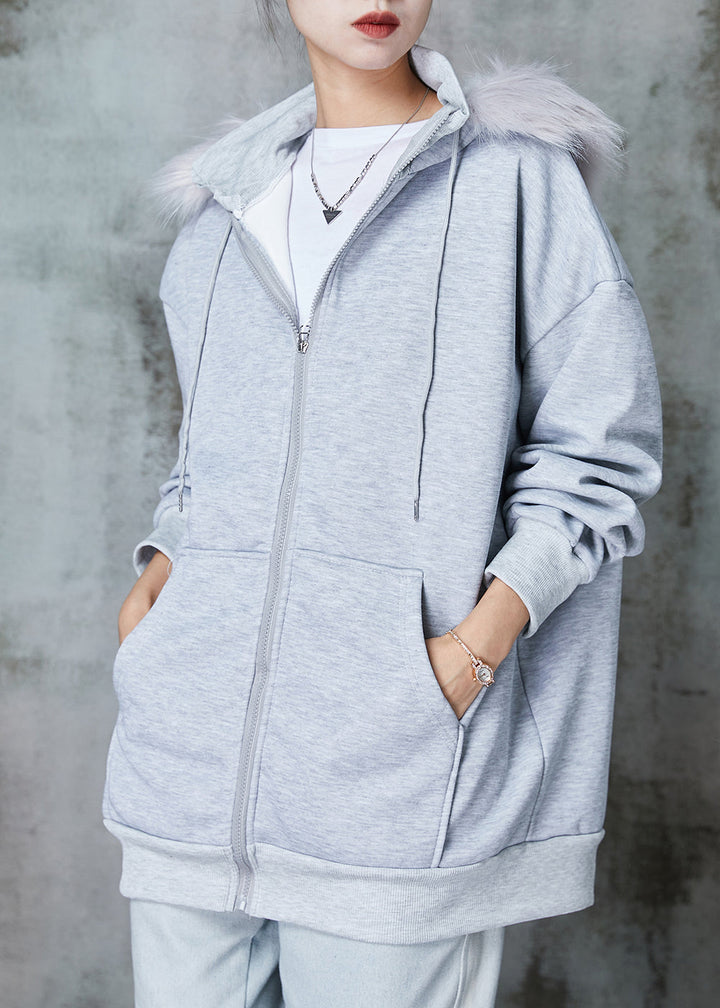 Drune | Graue Kapuze Taschen Warme Fleece Sweatshirt Mäntel