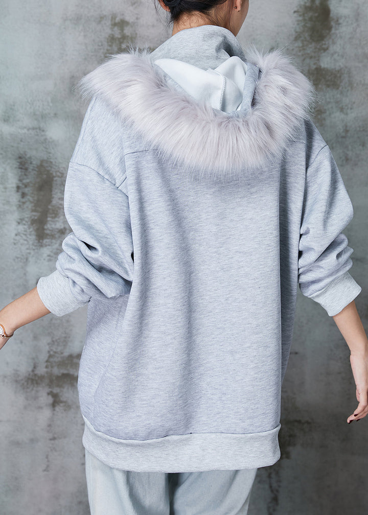 Drune | Graue Kapuze Taschen Warme Fleece Sweatshirt Mäntel