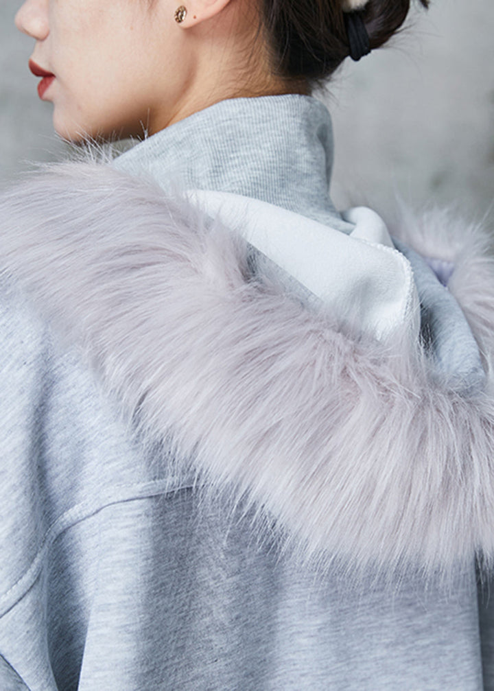Drune | Graue Kapuze Taschen Warme Fleece Sweatshirt Mäntel