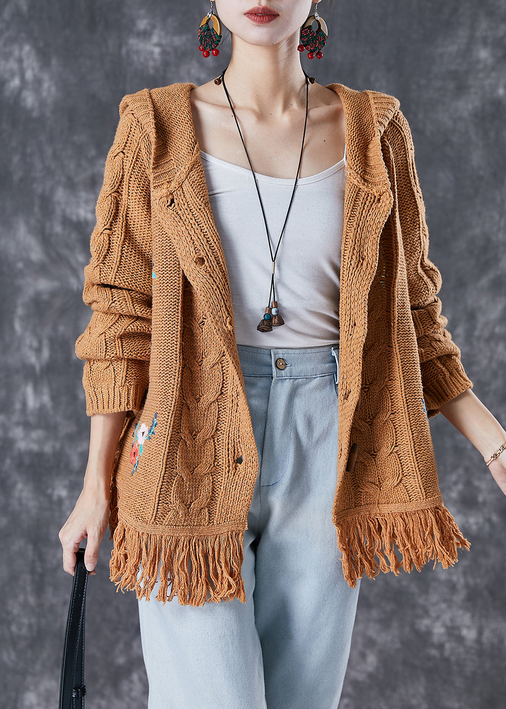 Drune | Khaki Bestickte Quasten Strickjacken