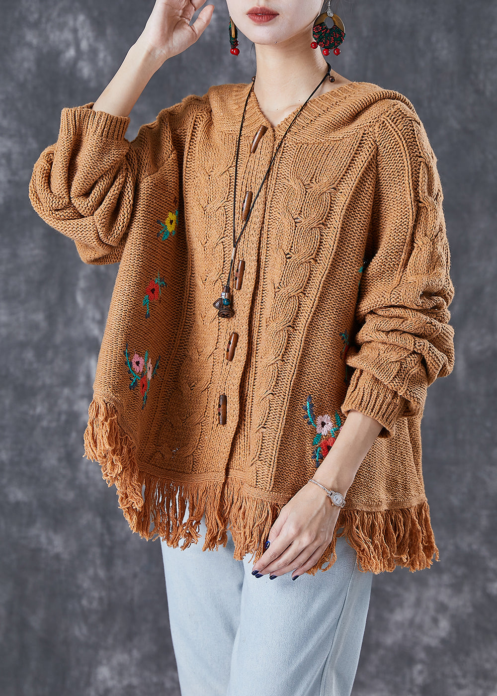 Drune | Khaki Bestickte Quasten Strickjacken