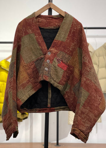 Drune | Orange asymmetrische Taschen Print Baumwolle gefüllte Wintermäntel