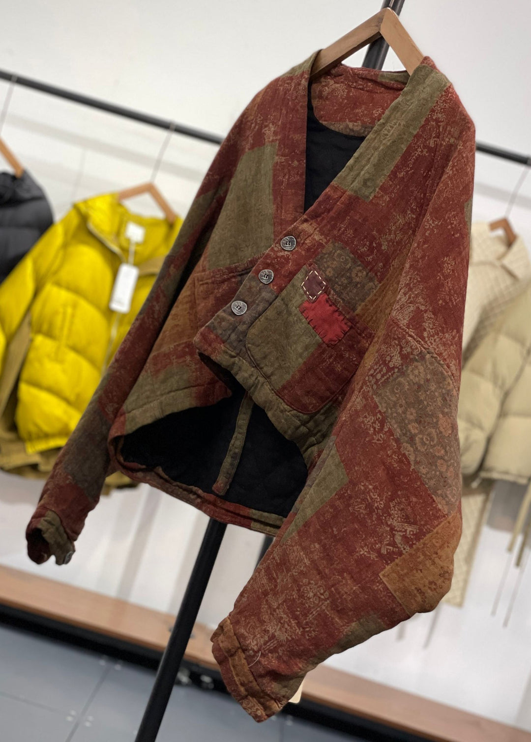 Drune | Orange asymmetrische Taschen Print Baumwolle gefüllte Wintermäntel
