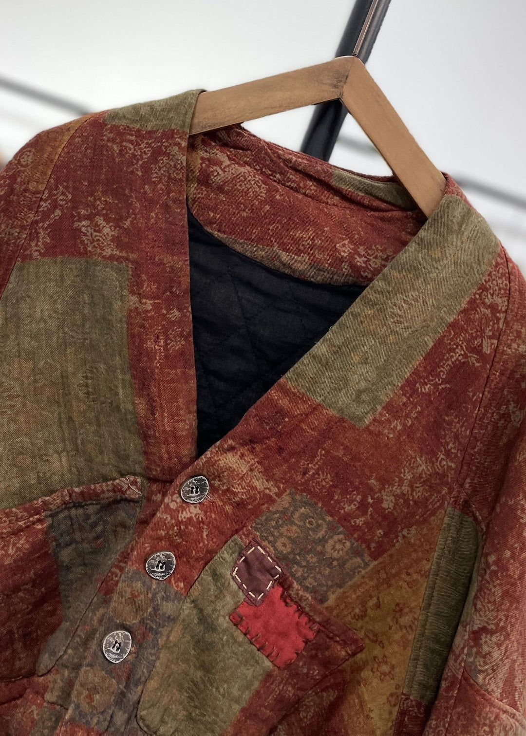 Drune | Orange asymmetrische Taschen Print Baumwolle gefüllte Wintermäntel