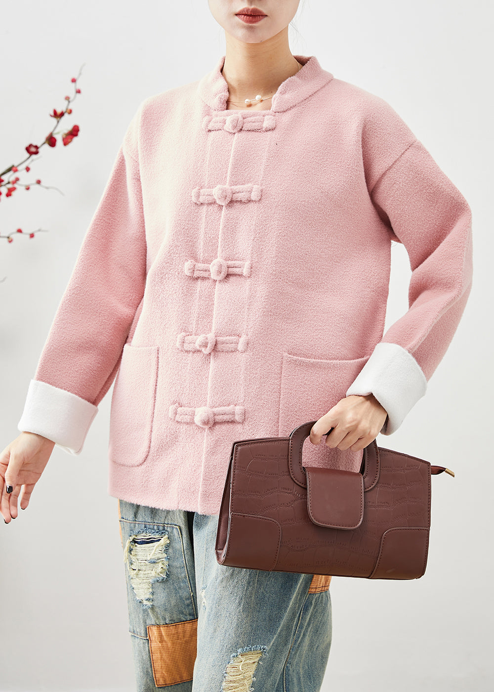 Drune | Pink Mandarin Kragen Chinesische Knopf Taschen Wollmäntel