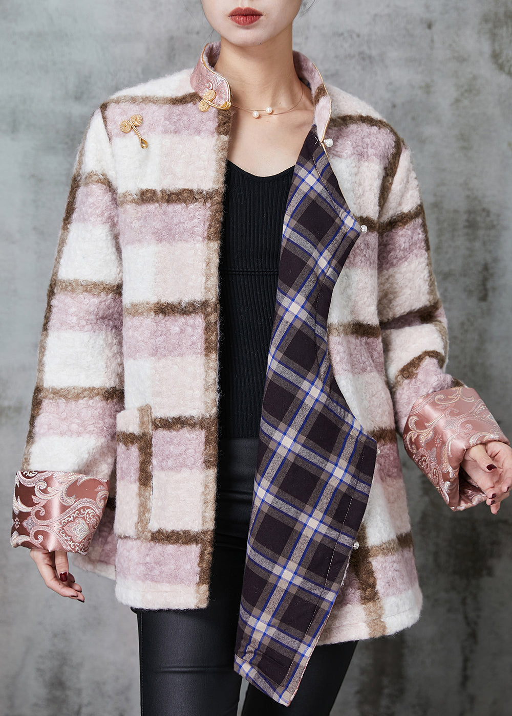 Drune | Pink Plaid Feine Baumwollgefüllte Wolle Chinesischer Stil Mäntel