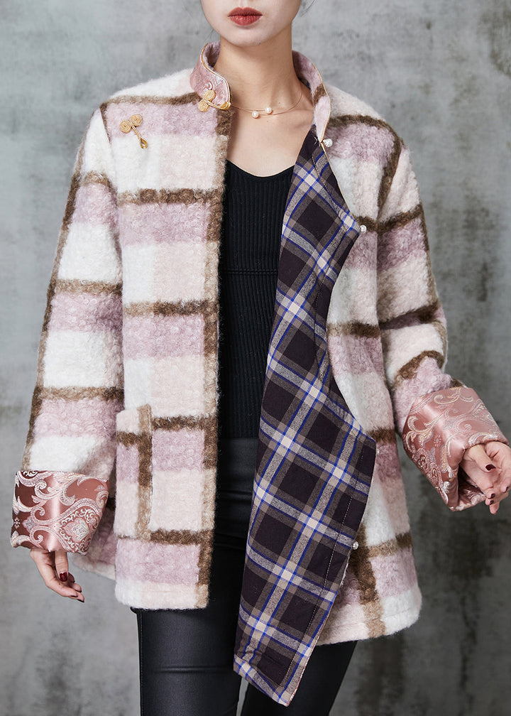Drune | Pink Plaid Feine Baumwollgefüllte Wolle Chinesischer Stil Mäntel