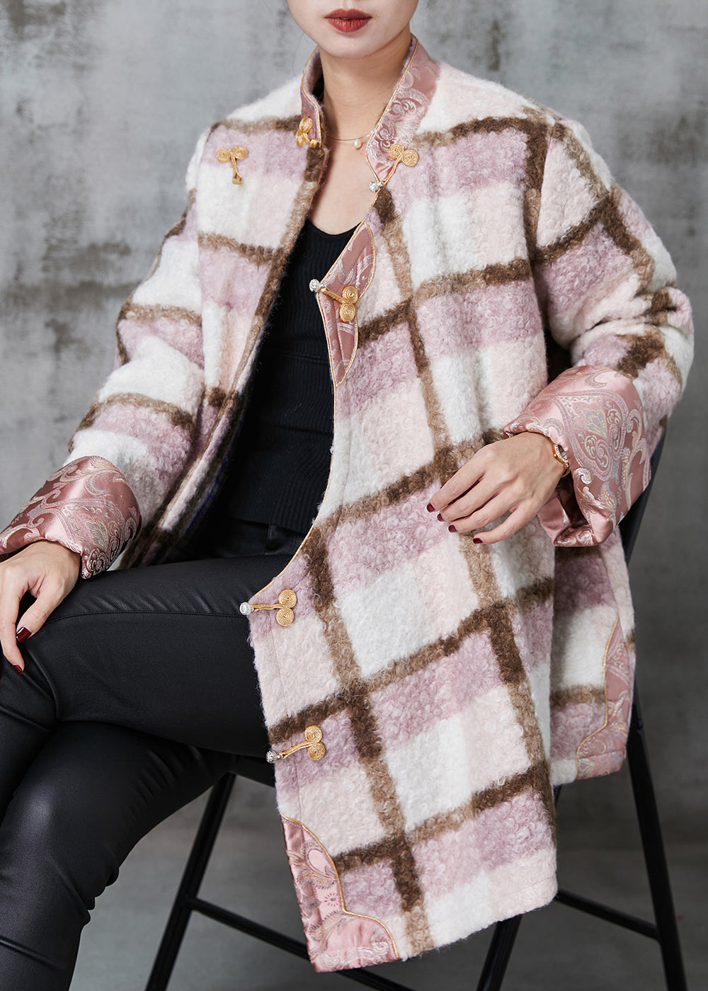 Drune | Pink Plaid Feine Baumwollgefüllte Wolle Chinesischer Stil Mäntel