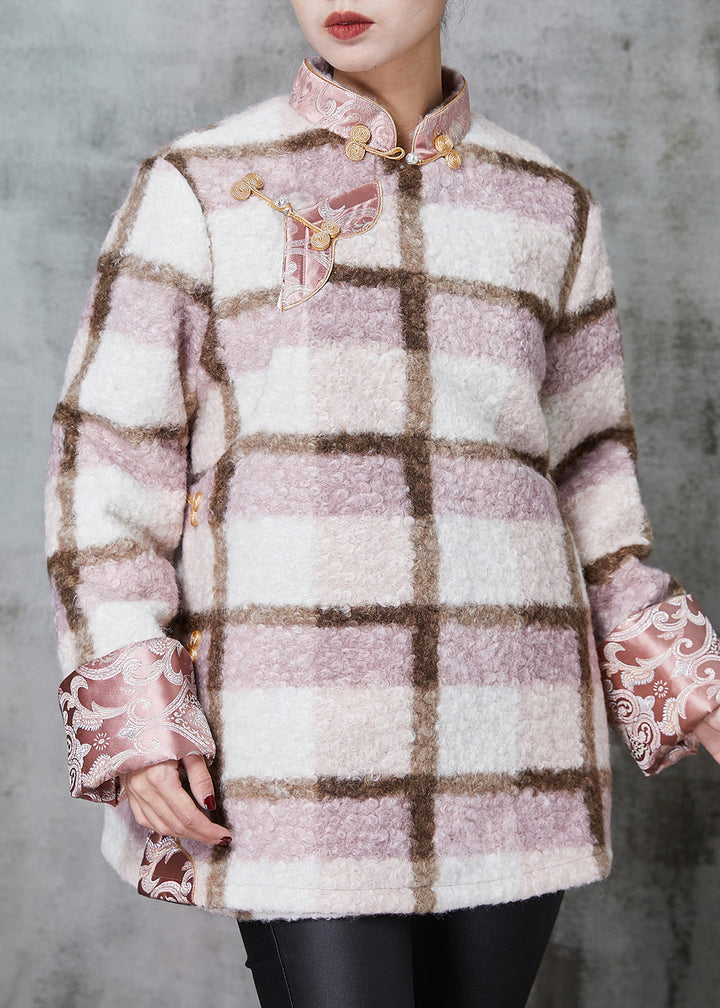 Drune | Pink Plaid Feine Baumwollgefüllte Wolle Chinesischer Stil Mäntel