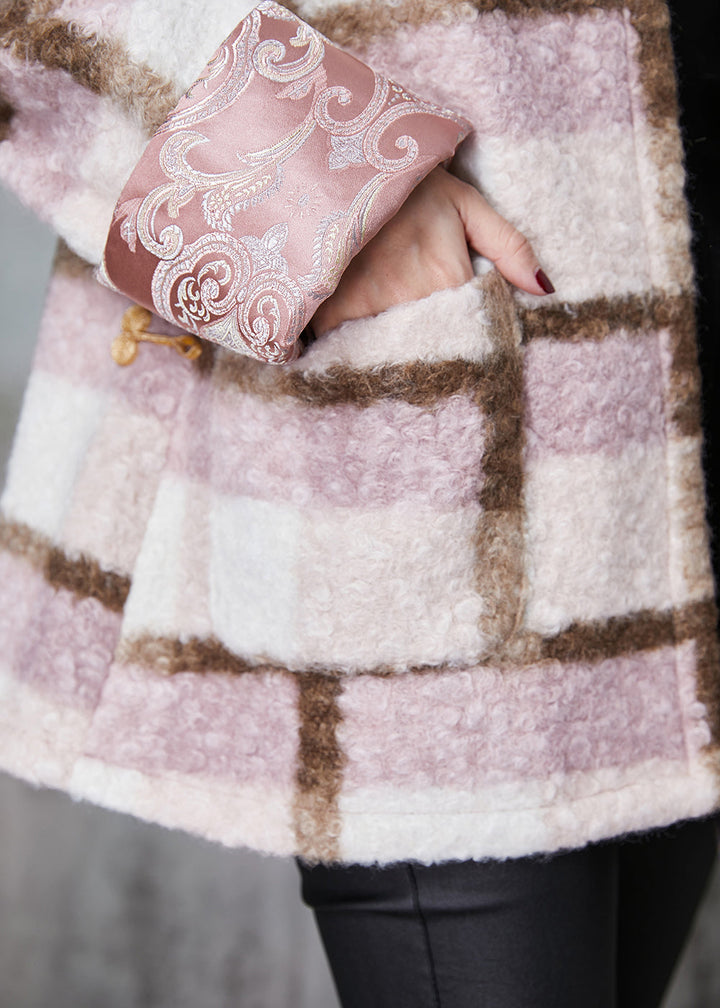 Drune | Pink Plaid Feine Baumwollgefüllte Wolle Chinesischer Stil Mäntel