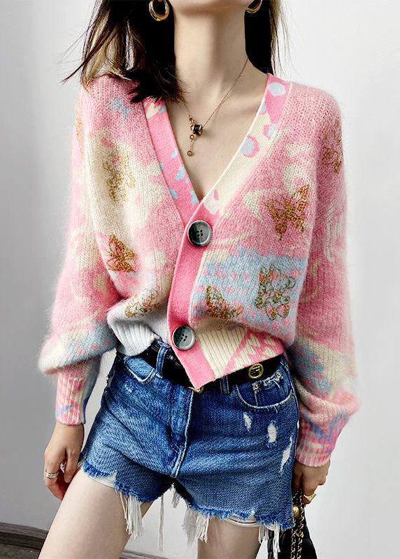 Drune | Rosa V-Ausschnitt Knopf Patchwork Baumwollstrick Mäntel Lange Ärmel