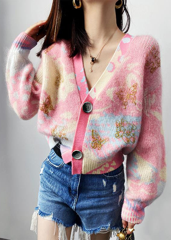 Drune | Rosa V-Ausschnitt Knopf Patchwork Baumwollstrick Mäntel Lange Ärmel