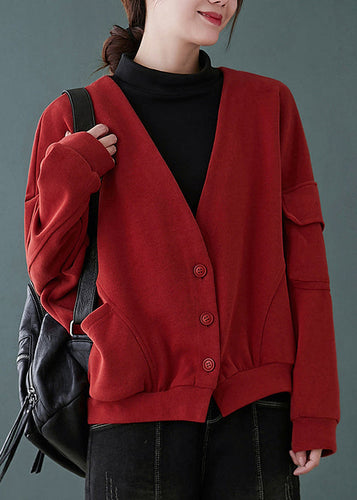 Drune | Rote V-Ausschnitt Knopf Taschen Patchwork Baumwolle Mäntel