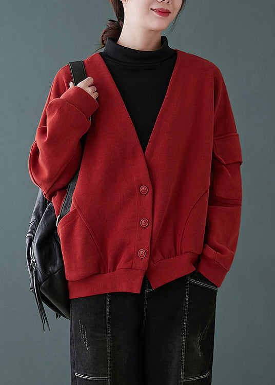 Drune | Rote V-Ausschnitt Knopf Taschen Patchwork Baumwolle Mäntel