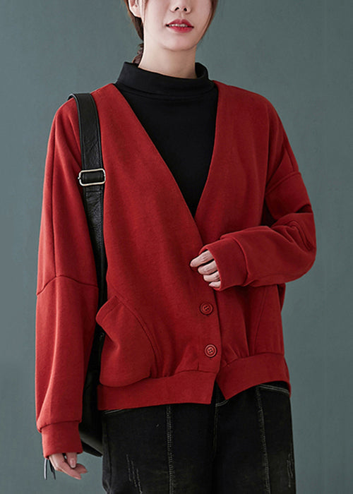 Drune | Rote V-Ausschnitt Knopf Taschen Patchwork Baumwolle Mäntel