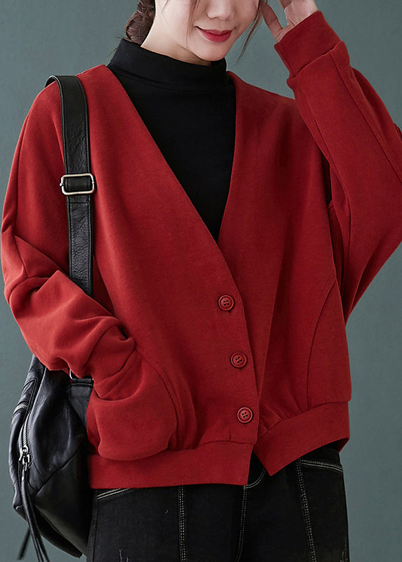 Drune | Rote V-Ausschnitt Knopf Taschen Patchwork Baumwolle Mäntel