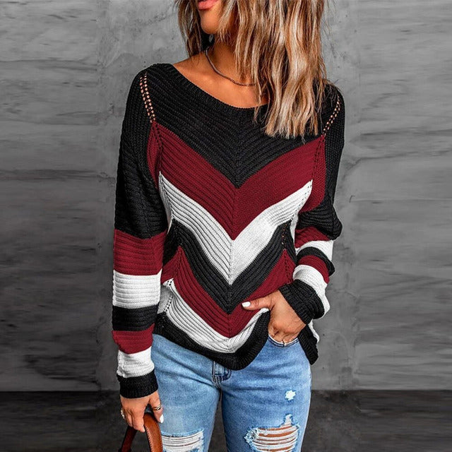 Drune | Pullover - Damen Herbstgestreifter Patchwork Strickpullover