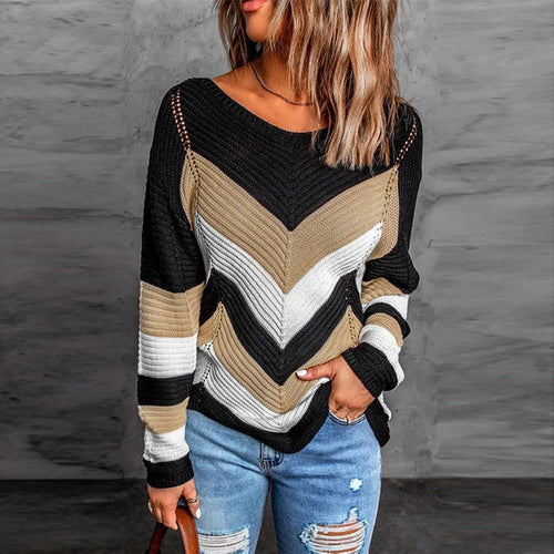 Drune | Pullover - Damen Herbstgestreifter Patchwork Strickpullover