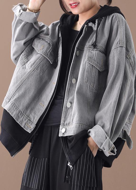Drune | denim blaue Patchwork schwarze feine Tunika Mäntel mit Kapuze Taschen Mantel