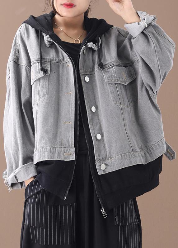 Drune | denim blaue Patchwork schwarze feine Tunika Mäntel mit Kapuze Taschen Mantel
