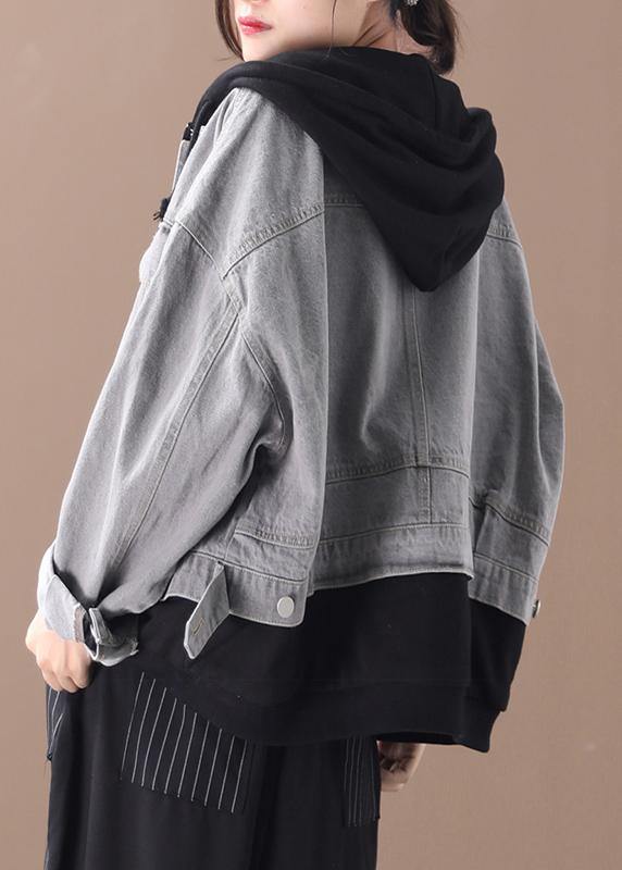 Drune | denim blaue Patchwork schwarze feine Tunika Mäntel mit Kapuze Taschen Mantel