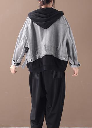Drune | denim blaue Patchwork schwarze feine Tunika Mäntel mit Kapuze Taschen Mantel