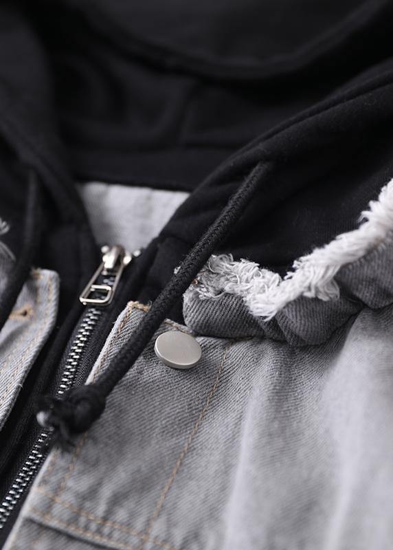 Drune | denim blaue Patchwork schwarze feine Tunika Mäntel mit Kapuze Taschen Mantel