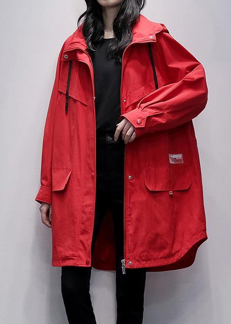 Drune | Kapuzen-Reißverschluss Kranichmäntel rot Buchstabe Midi Outwear