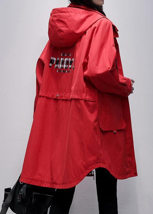 Drune | Kapuzen-Reißverschluss Kranichmäntel rot Buchstabe Midi Outwear