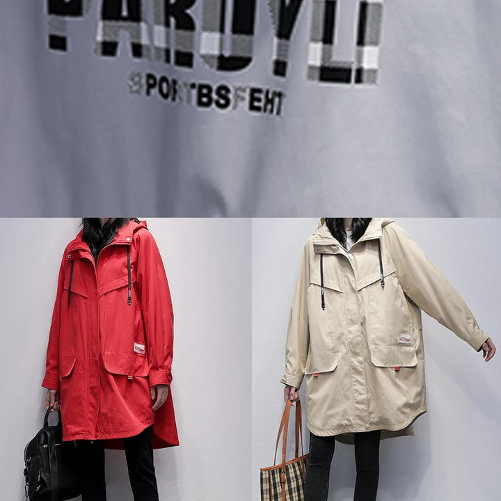 Drune | Kapuzen-Reißverschluss Kranichmäntel rot Buchstabe Midi Outwear
