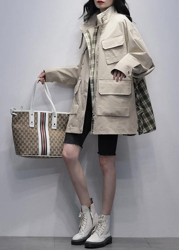 Drune | Stehkragen Taschen lässige Mäntel khaki Patchwork Karo Jacken