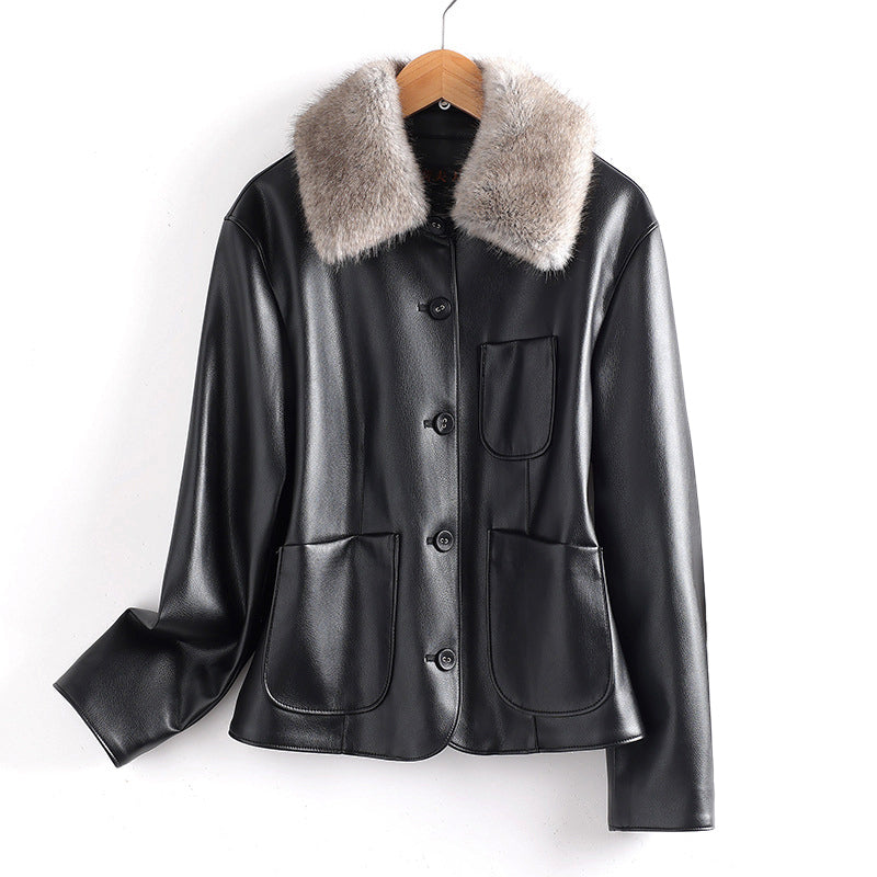 Drune | Lederjacke mit Pelzkragen und aufgesetzten Taschen
