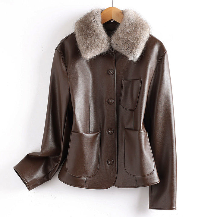 Drune | Lederjacke mit Pelzkragen und aufgesetzten Taschen