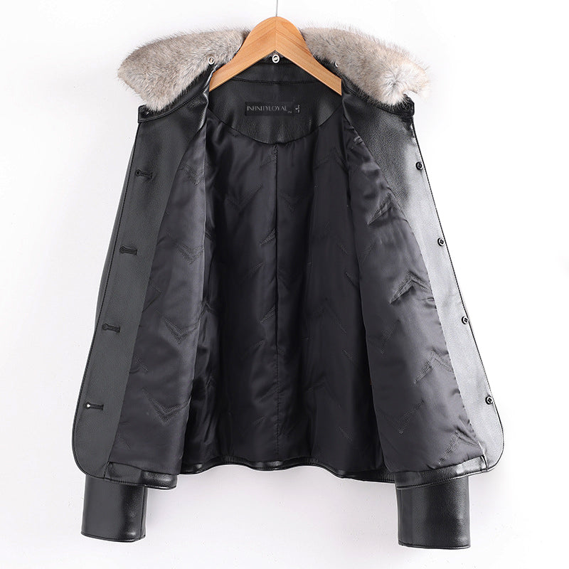 Drune | Lederjacke mit Pelzkragen und aufgesetzten Taschen