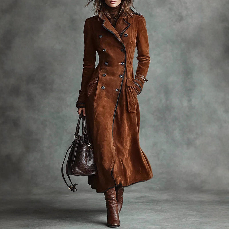 Drune | Langer Wildleder-Style Trenchcoat mit Doppelreihigem Design