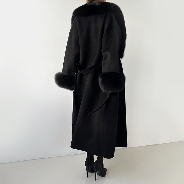Drune | Langer Wickelmantel mit Kunstfellbesatz