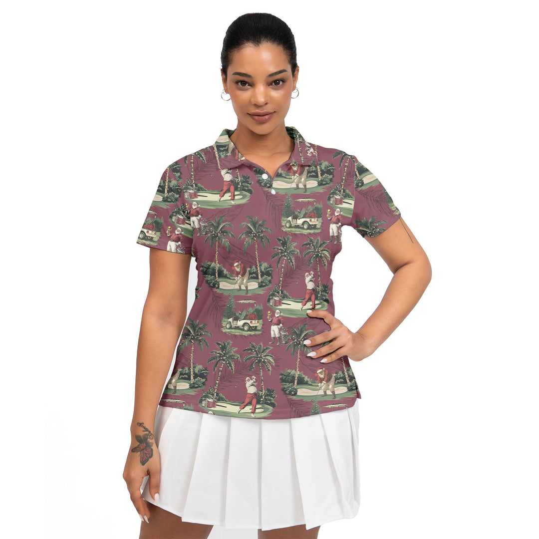 Drune | Damen Bordeauxrot Santa Golf spielend Weihnachts Golf Polo Shirts
