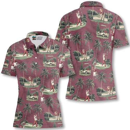 Drune | Damen Bordeauxrot Santa Golf spielend Weihnachts Golf Polo Shirts
