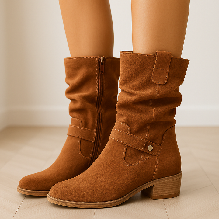 Drune | Stylische schwarze Wildlederknielange Stiefel für Frauen – Modischer gefältelter Schaft und bequeme Sohle