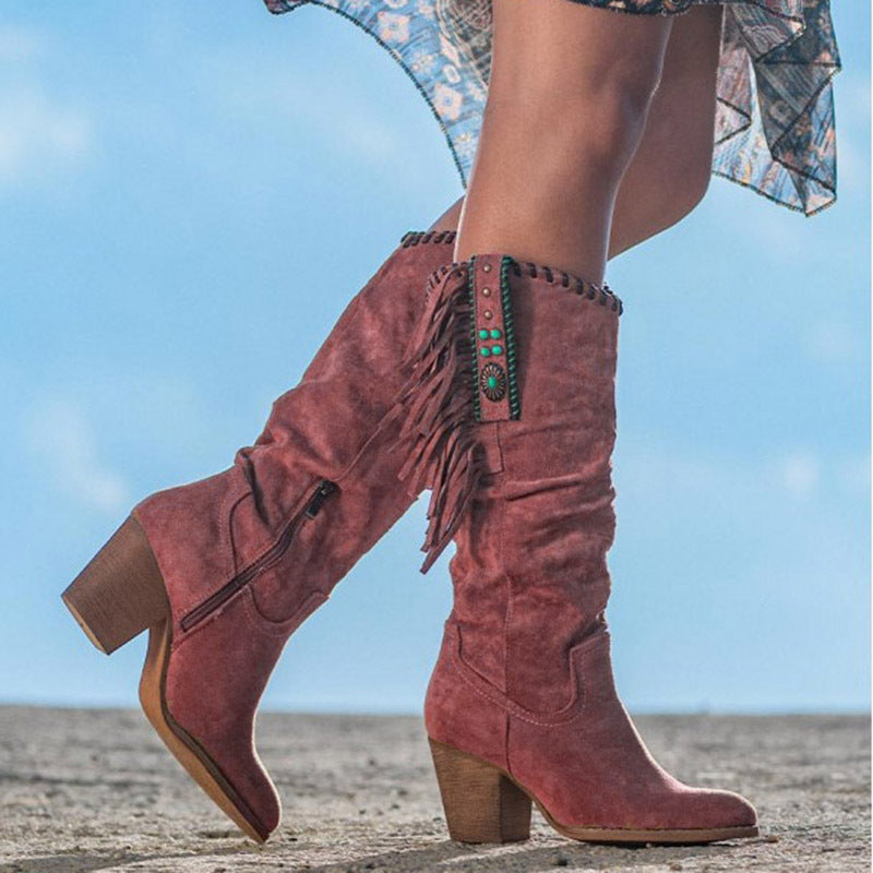 Drune | Damen Knöchelhohe Fake-Suede-Stiefel – Schwarze Lange Stiefel mit Fransen-Detail für Stilvolle Outfits