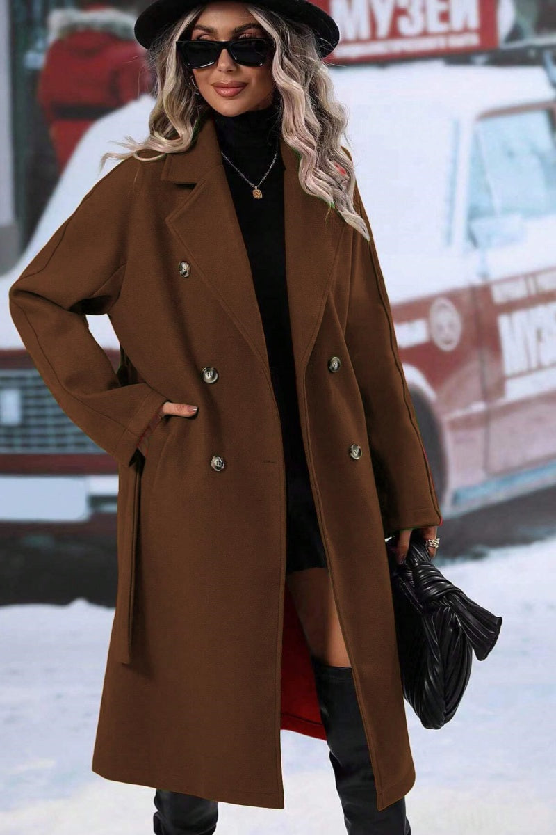 Drune | Wollmischung langer Trenchcoat, doppelt-knopfiges Design, lockere Passform für den Winter