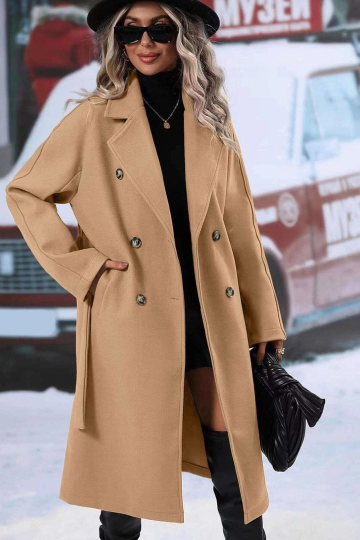 Drune | Wollmischung langer Trenchcoat, doppelt-knopfiges Design, lockere Passform für den Winter