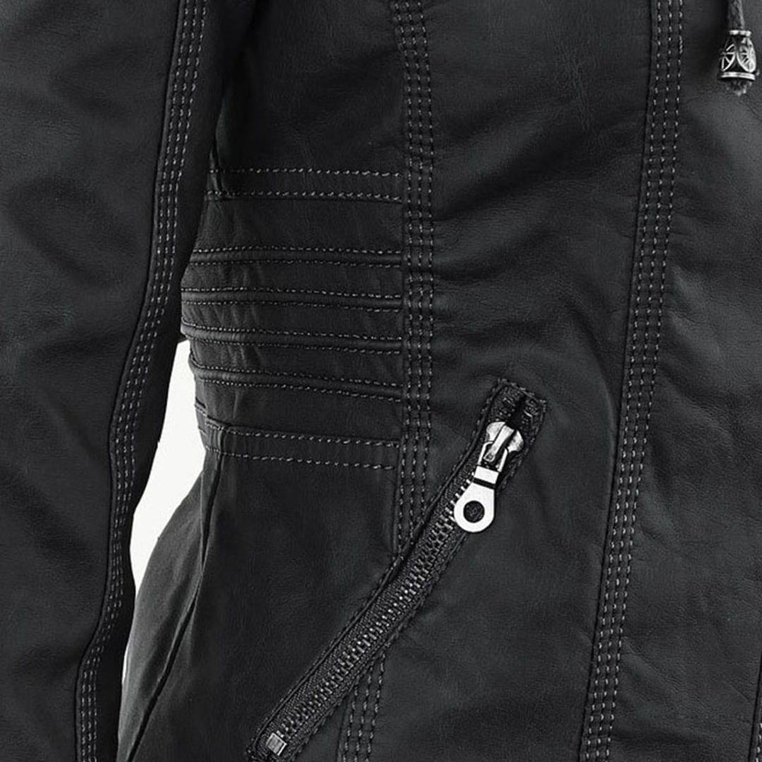 Drune | Damen Kapuzen PU-Lederjacke mit Reißverschluss