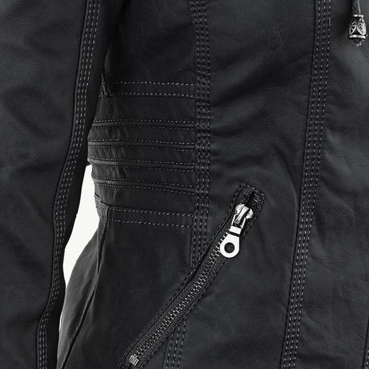 Drune | Damen Kapuzen PU-Lederjacke mit Reißverschluss